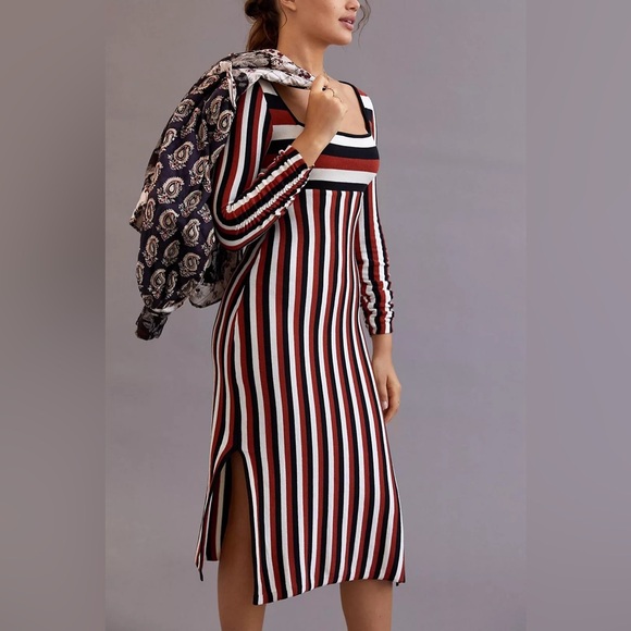 Anthropologie Striped Sweater Midi Dress Size M Long Sleeve Casual Open Back - Picture 3 of 13